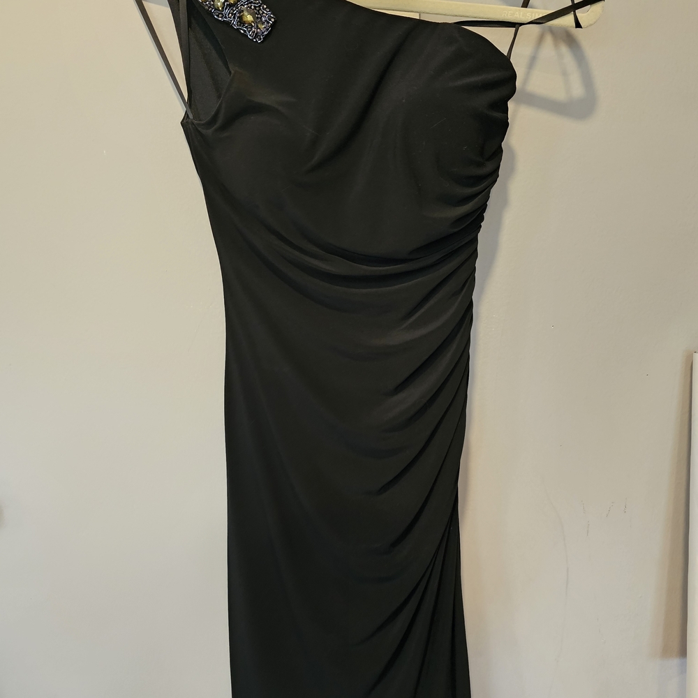 Xscape Black One-Shoulder Evening Gown with Beaded Accent